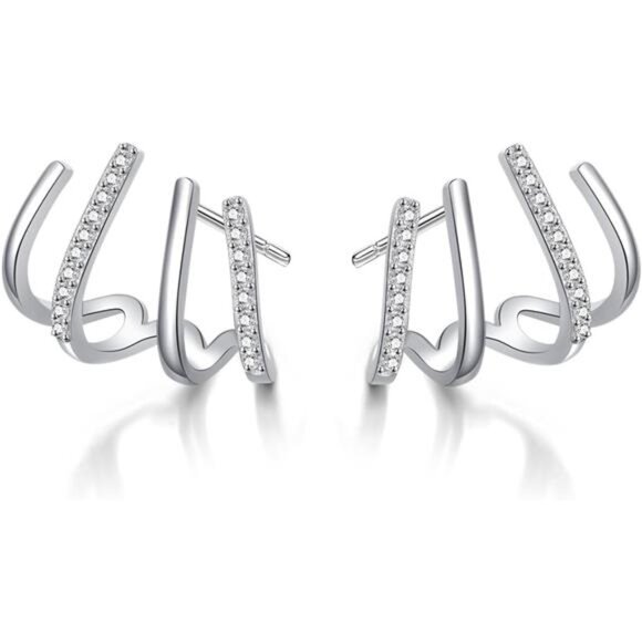 925 Sterling Silver Half Hoop Earrings Wrap for Women Cuff Piercings Studs - Picture 1 of 8